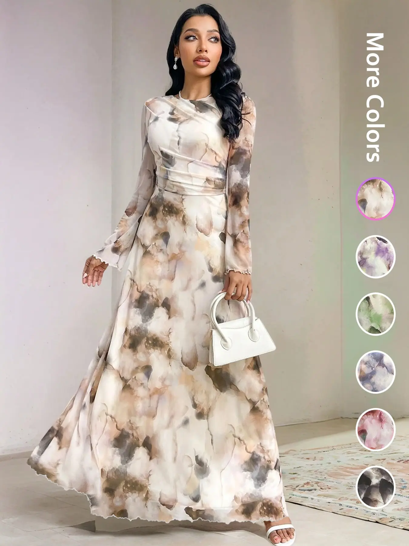 Elegant Women's Tie-Dye Print Long Sleeve Round Neck Maxi Dress, Empire Waist Dress, Multicolor Dress, Womenswear Party Wear Formal Ball Gown, Ladies Fashionable Chic Evening Dresses, Elegant Modesty Dress, Cocktail Maxi Dress, Classy Modest Dresses