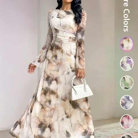 Elegant Women's Tie-Dye Print Long Sleeve Round Neck Maxi Dress, Party Wear Formal Gown, Dress Up Gown, Ladies Fashionable Evening Dresses