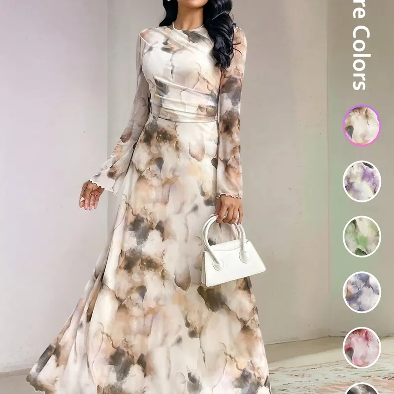 [Black Friday]Elegant Women's Tie-Dye Print Long Sleeve Round Neck Maxi Dress, Party Wear Formal Gown, Ladies Fashionable Evening Dresses