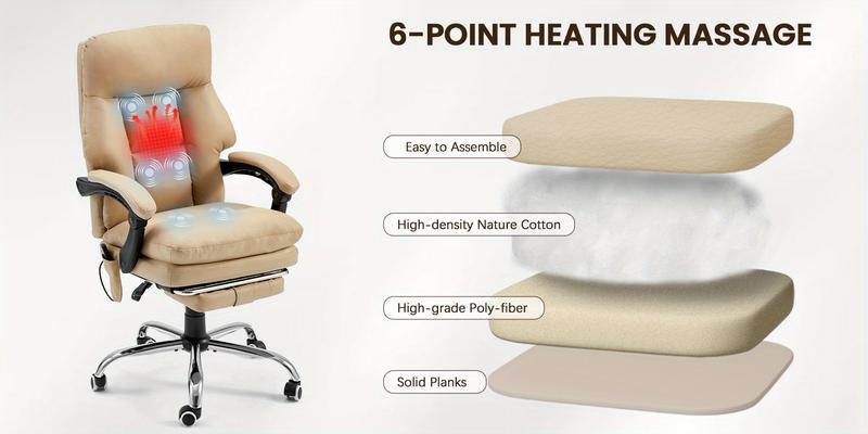 Khaki Ergonomic Office & Gaming Chair 6-Point Vibration Massage, Height & Angle Adjustable, Padded Armrests, 360° Swivel Rolling - Perfect for Office, Bedroom & Study