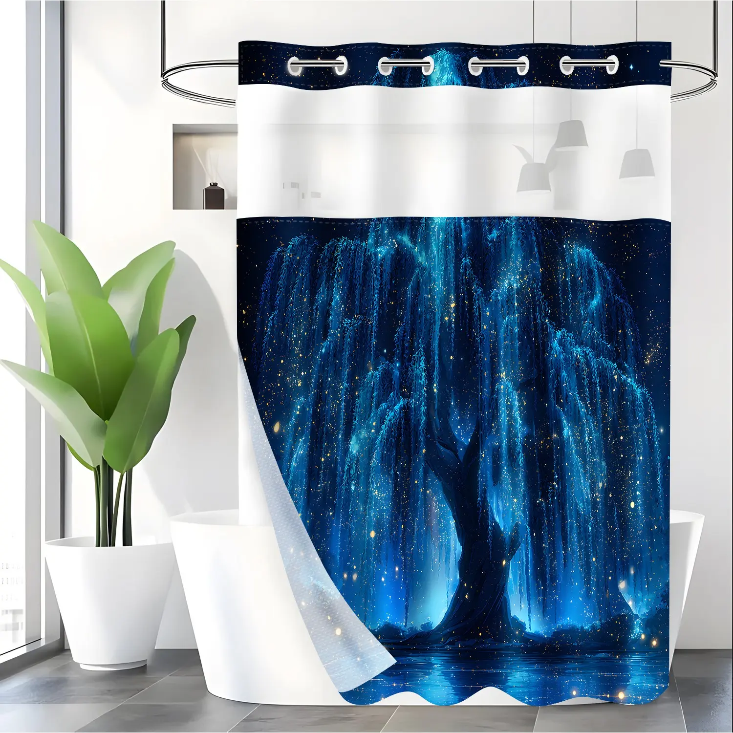 LVRLVR 1pc Magical Galaxy Glowing Weeping Willow Shower Curtain, Dark Blue Starry Night Water Reflection Print, Sheer Top Window, Detachable Liner & No Hook C-Ring, 70.8" x 70.8"