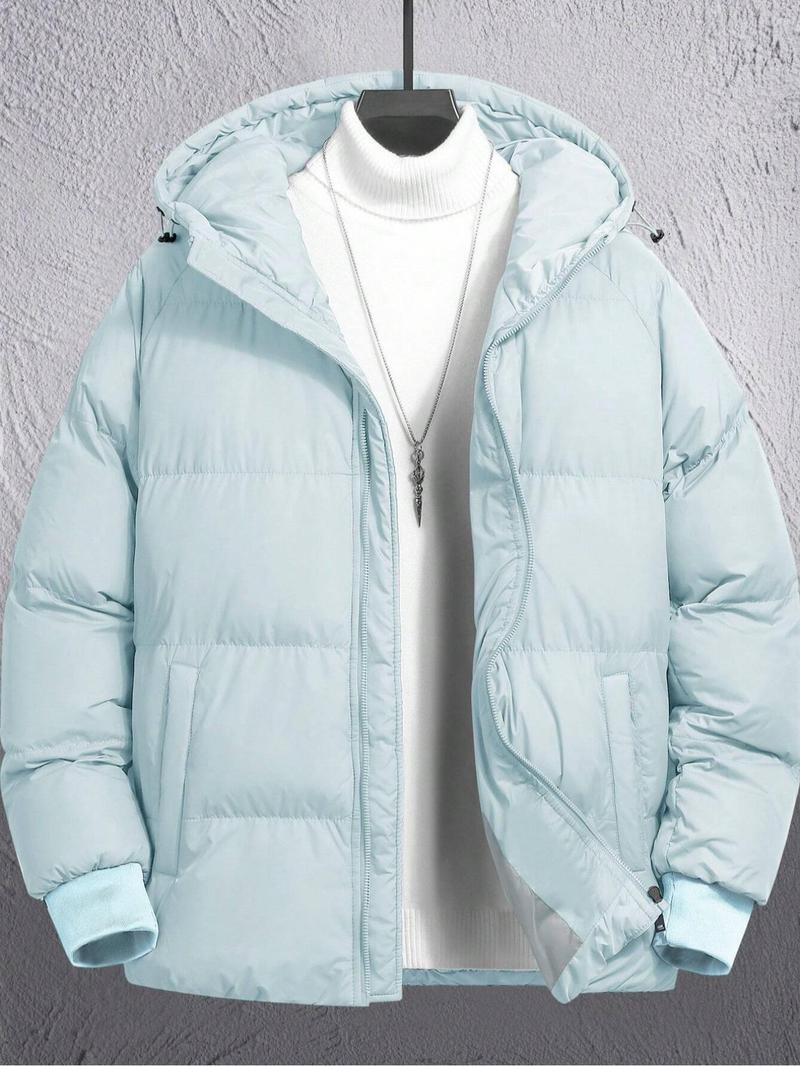 Men's Plain Pocket Zip Up Thick Warm Hooded Puffer Coat, Regular Fit Long Sleeve Padded Winter Coat, Menswear, Cold Weather Gear, Mens Clothing, Jackets for Men, Jackets, Men's Clothing