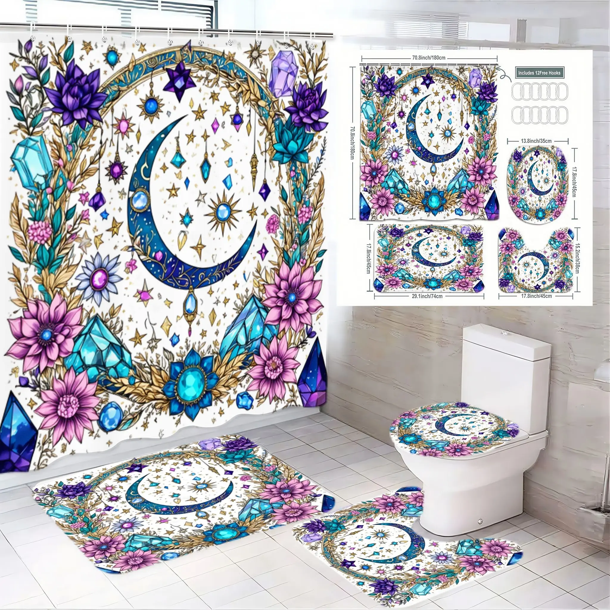 4pcs Bohemian Bathroom Decor Set, Boho Shower Curtains For Bathroom - Shower Curtain with Moon & Star Motif, Matching Toilet Seat Cover & Floral Floor Mats - Home Accent for Modern Bathrooms