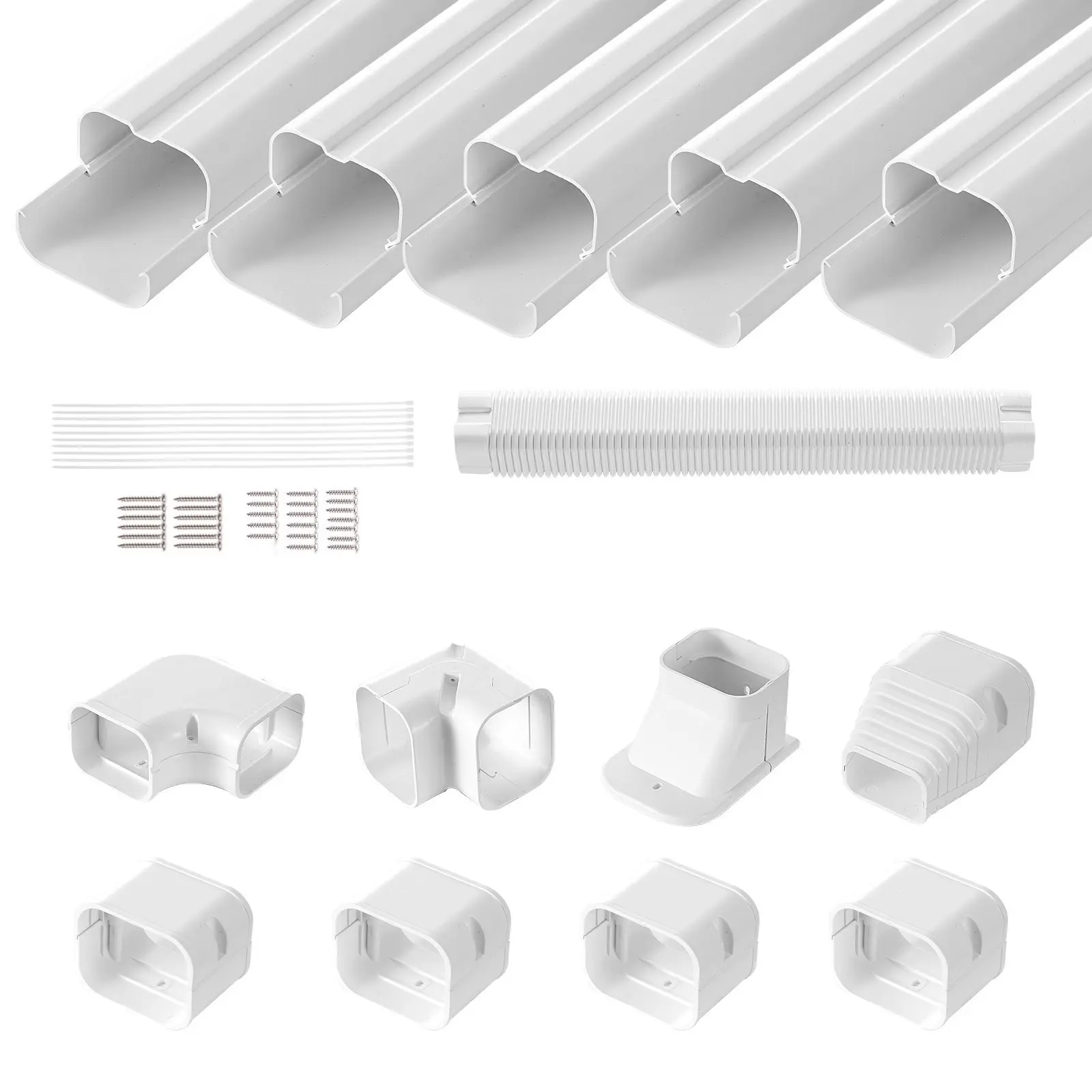 Mini Split Line Set Cover, 3-Inch Wide, 10-Foot Length, PVC Decorative Pipe Cover For Air Conditioners, Includes 5 Straight Duct Sections And Full Installation Kit, Easy To Install, Paintable White Finish For Heat Pumps