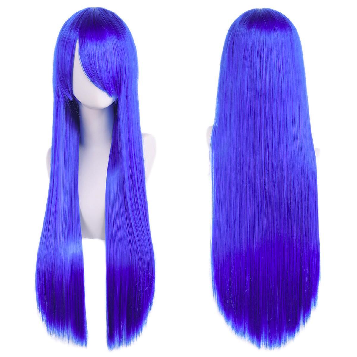 80cm Long Synthetic White Purple Cosplay Wigs Green Hair Straight Silver Wig Pink Hairpiece Lolita Wig with Bangs