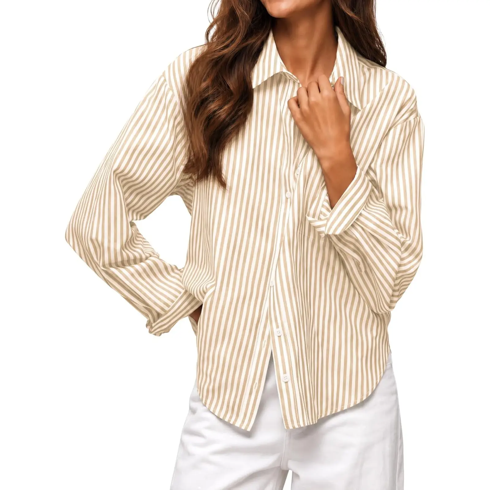 Cicy Bell Women's Striped Button Down Shirt Long Sleeve Collared Work Tops | Trendy, Loose Fit, V Neck Blouse, Dressy Casual, Business Office, Color Block, Summer, Fall Clothes, Drop Shoulder
