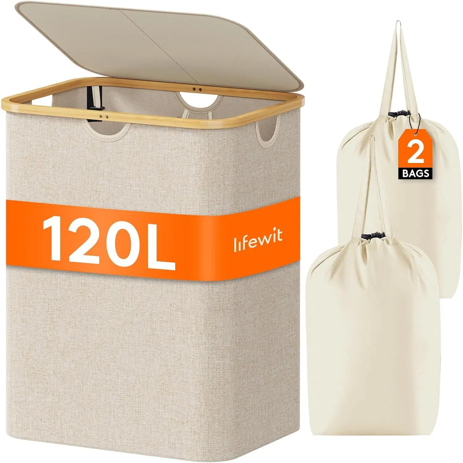120L Laundry Basket with Lid, Clothes Hampers for Laundry with Bamboo Handles and 2 Removable Bag, Large Foldable Laundry Hamper for Bedroom,, Dorm, Laundry Room, Beige