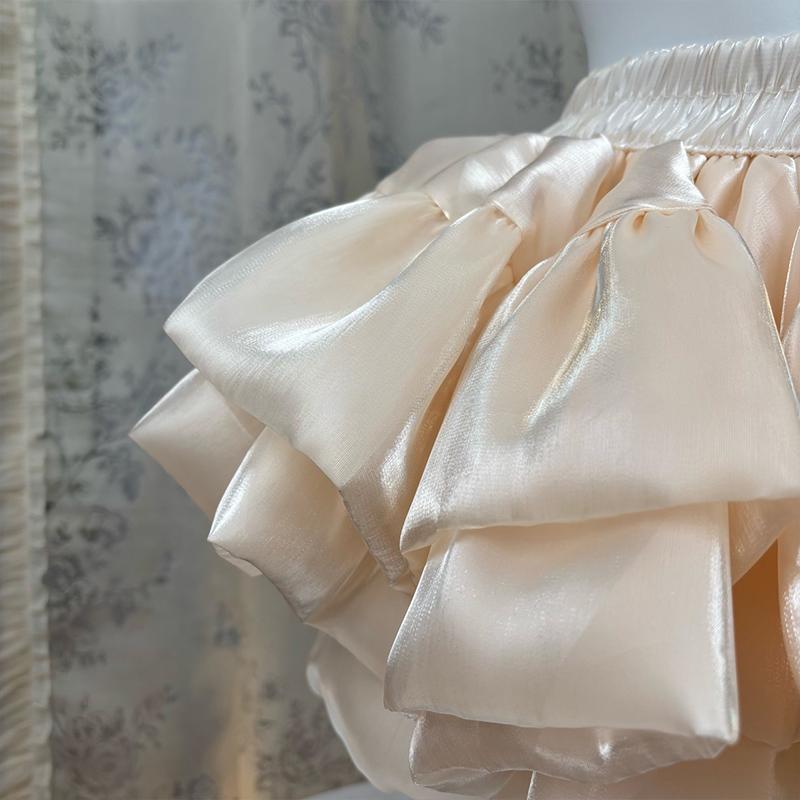 Satin Puffy Cake Skirts Women's Sweet Short Chic Ruffle Mini Skirt Preppy Style Girls Princess Lolita Cosplay Skirts Black/White