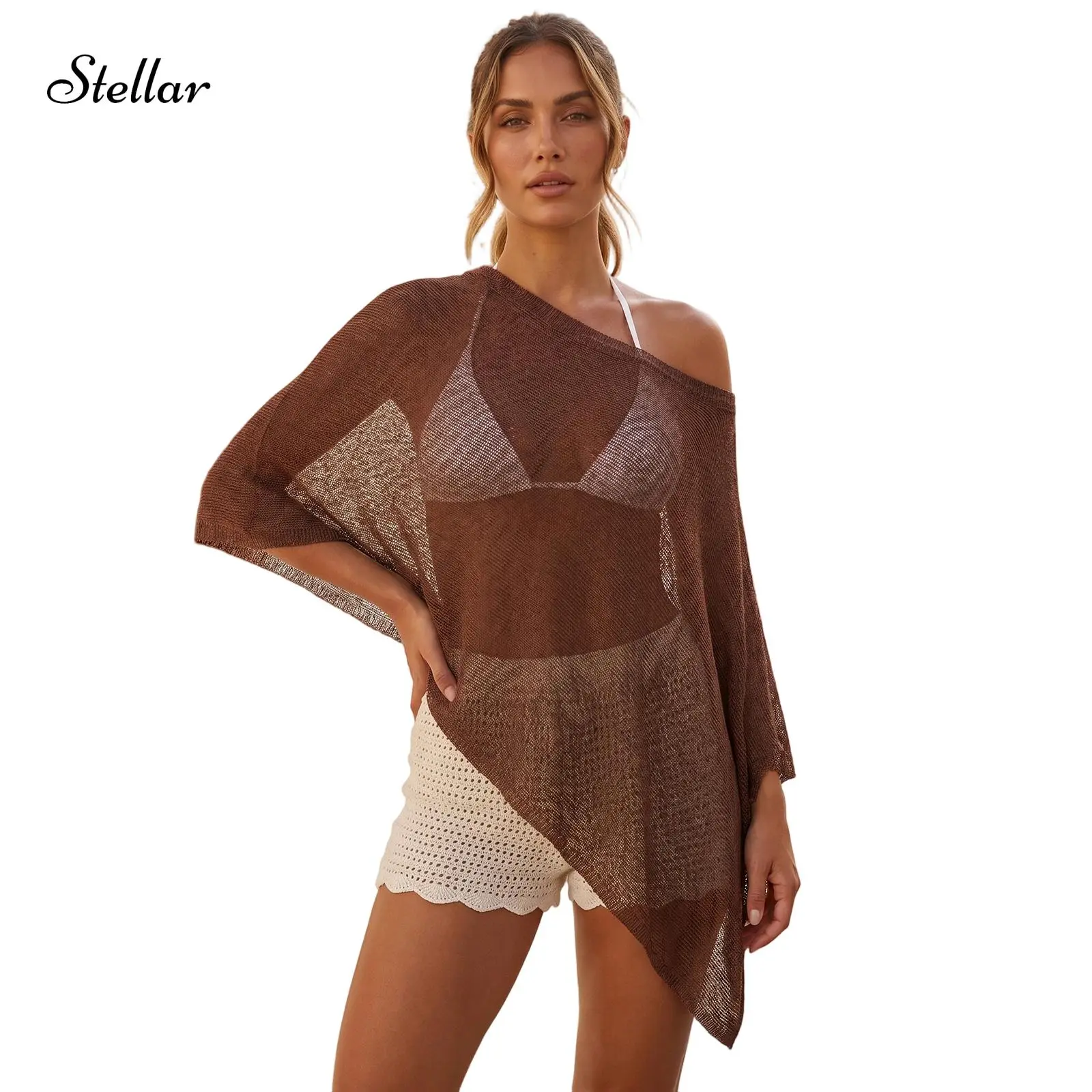 Women's Elegant Knit Poncho Top, Lightweight Solid See-Through Mesh Cover Up with Loose Fit and Asymmetrical Hem, Sheer Poncho Top, Polyamide