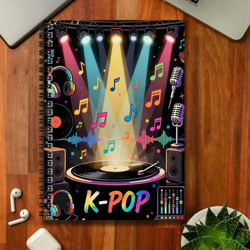 A cool K-pop themed spiral notebook, featuring stage lights, music notes, microphones, and other elements on the cover, full of trendy vibes. A great helper for work and study, recording inspiration and daily life. It can be used as a graduation gift, bir