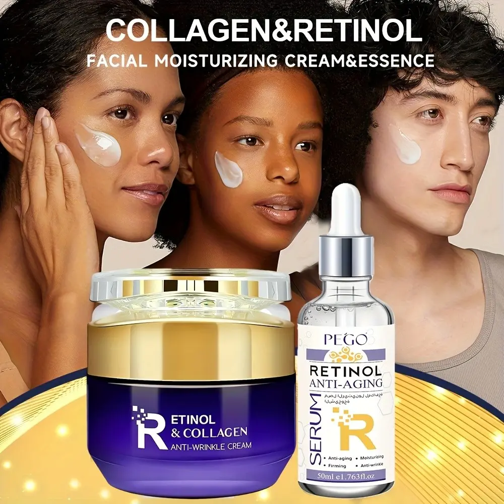 2-Piece Retinol & Collagen Cream and Serum Set, Moisturizing Dry Skin, Smooth Youthful Natural Overnight Care, Suitable for All Skin Types