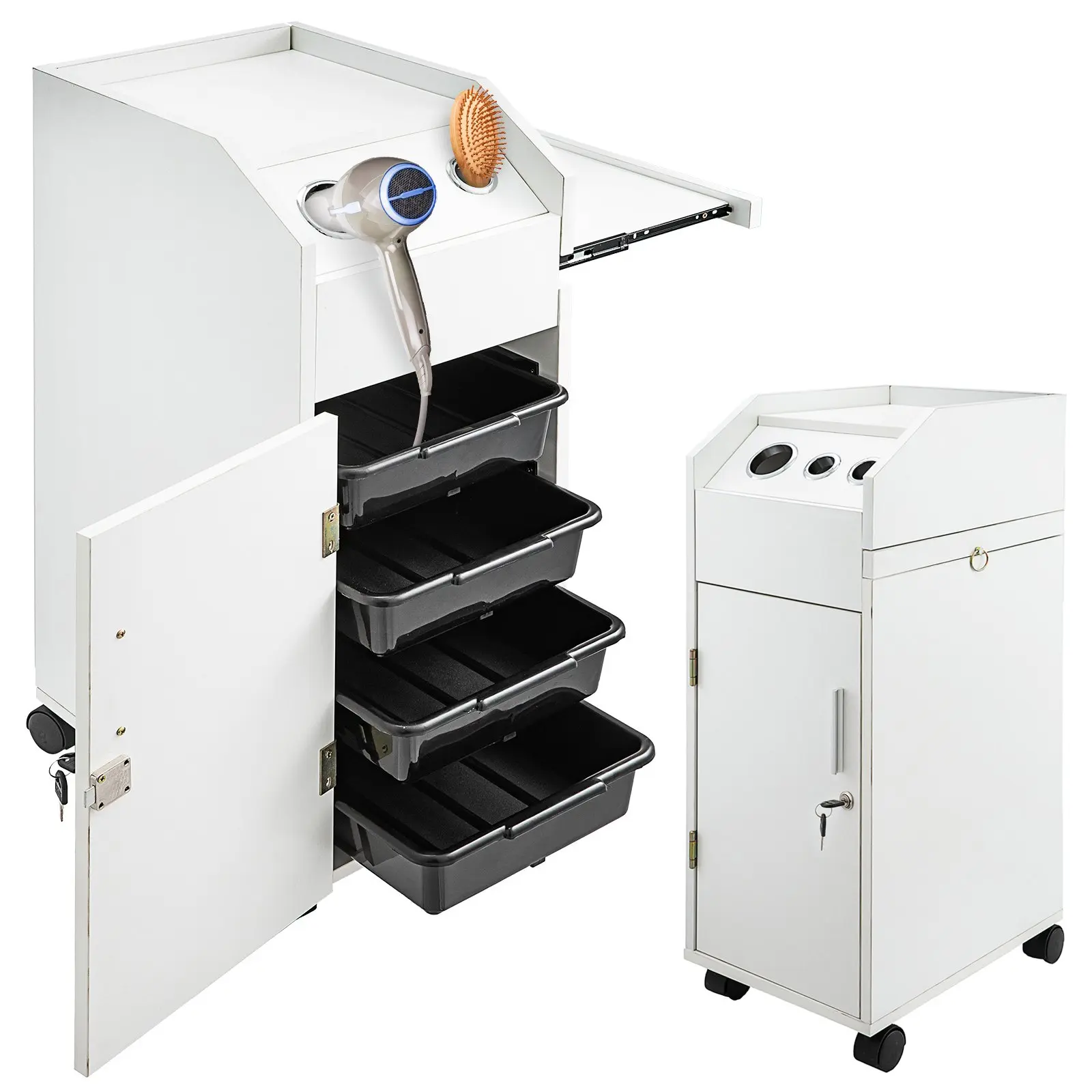 VEVOR Commercial Salon SPA Beauty Hairdressing Cart, White Lockable Storage Trolley with 4 Drawers, Rolling Wheels, 2 Keys, Hairdryer Holder and Space-Saving Side Tray, Four Drawers, Lockable Keys