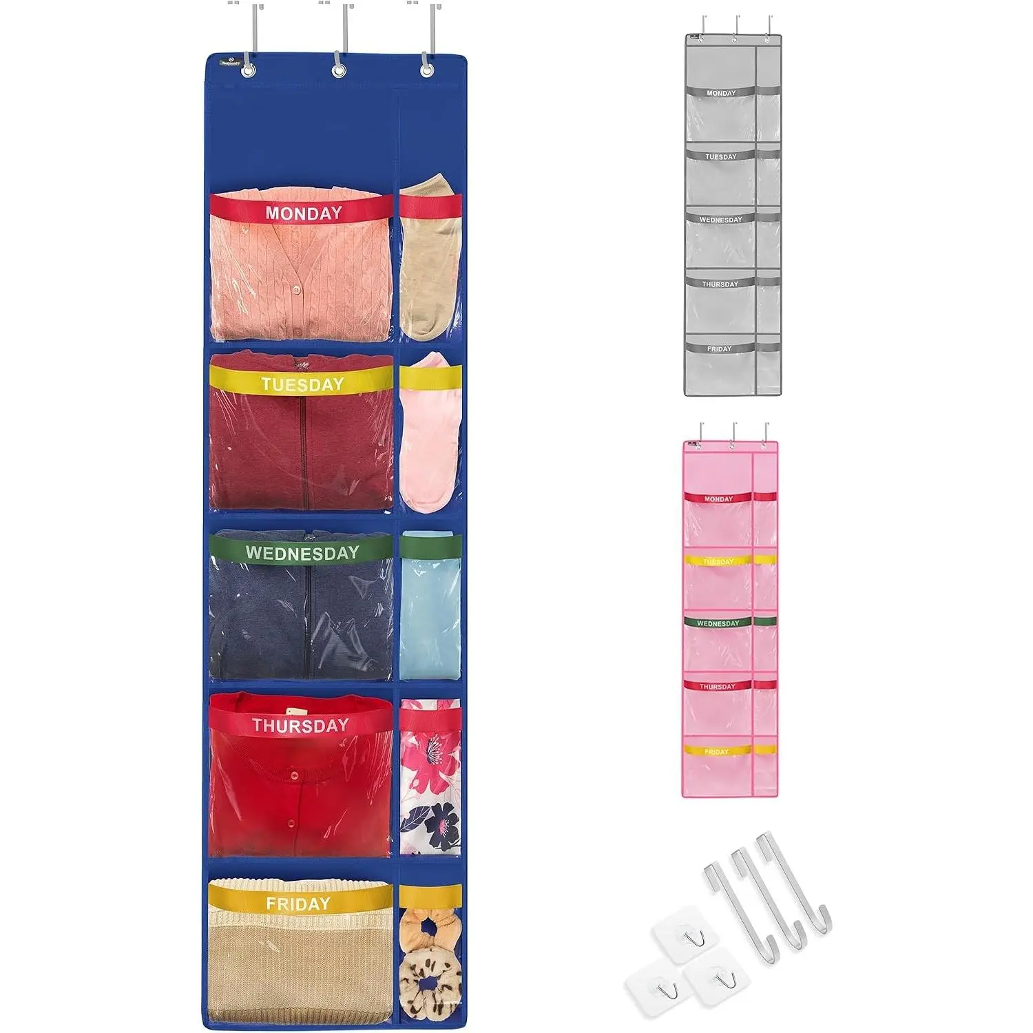 Weekly Clothes Organizer for Kids – 5-Shelf Hanging Closet Storage with Day of the Week Labels, Over the Door or Wall Mount, Large Capacity, Encourages Routine, Blue