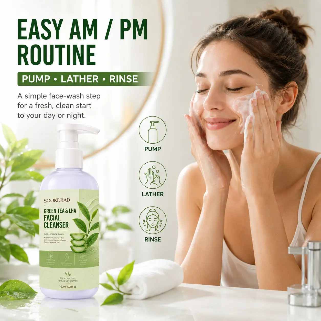 green tea & LHA facial cleanser, contains green tea, contains LHA, contains aloe vera, gentle daily cleanser, purify skin, soothe skin, hydrate skin, calm skin, refresh skin, for face, all skin types,