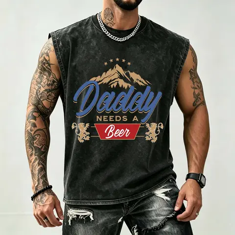 Men's Daddy Needs A Beer Tank Top 100% Cotton Washed Vintage Charcoal Sleeveless T-Shirt Loose Fit Mountain Lion Funny Beer Graphic Streetwear Vest Gift for Husband Father