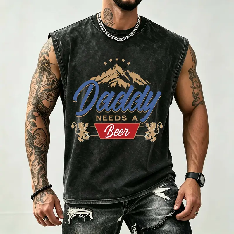 Men's Daddy Needs A Beer Tank Top 100% Cotton Washed Vintage Charcoal Sleeveless T-Shirt Loose Fit Mountain Lion Funny Beer Graphic Streetwear Vest Gift for Husband Father