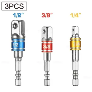 3-Piece Drill Chuck Adapter Set, Square to Hex Adapter, 1/4 3/8 1/2 Inch, Screwdriver Bit Converter Rod, Drill Bit Accessories