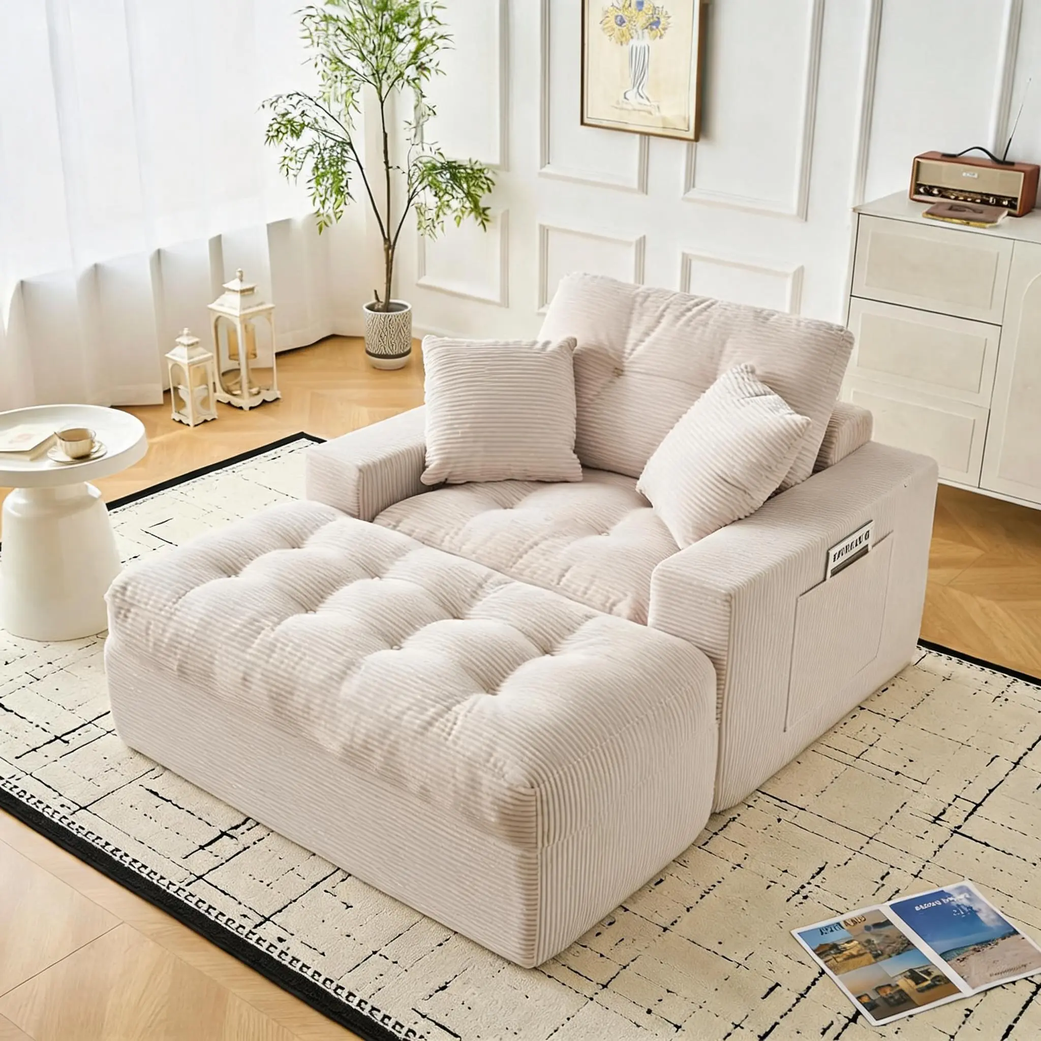 Oversized Corduroy Chaise Lounge Sofa Bed - 63" Deep Seat Modular Sleeper Daybed - No Assembly Needed - Comfy Boneless Couch with Side Pockets for Living Room or Bedroom - Beige
