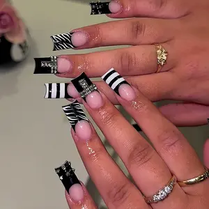 Cool Gothic Punk Style nials Mid Length Square Press On Nails, Decorative Nails Featuring black and white zebra print, French Tips rhinestone accents, and square metal studs, these acrylic fake nails are the perfect match for dark themed outfits