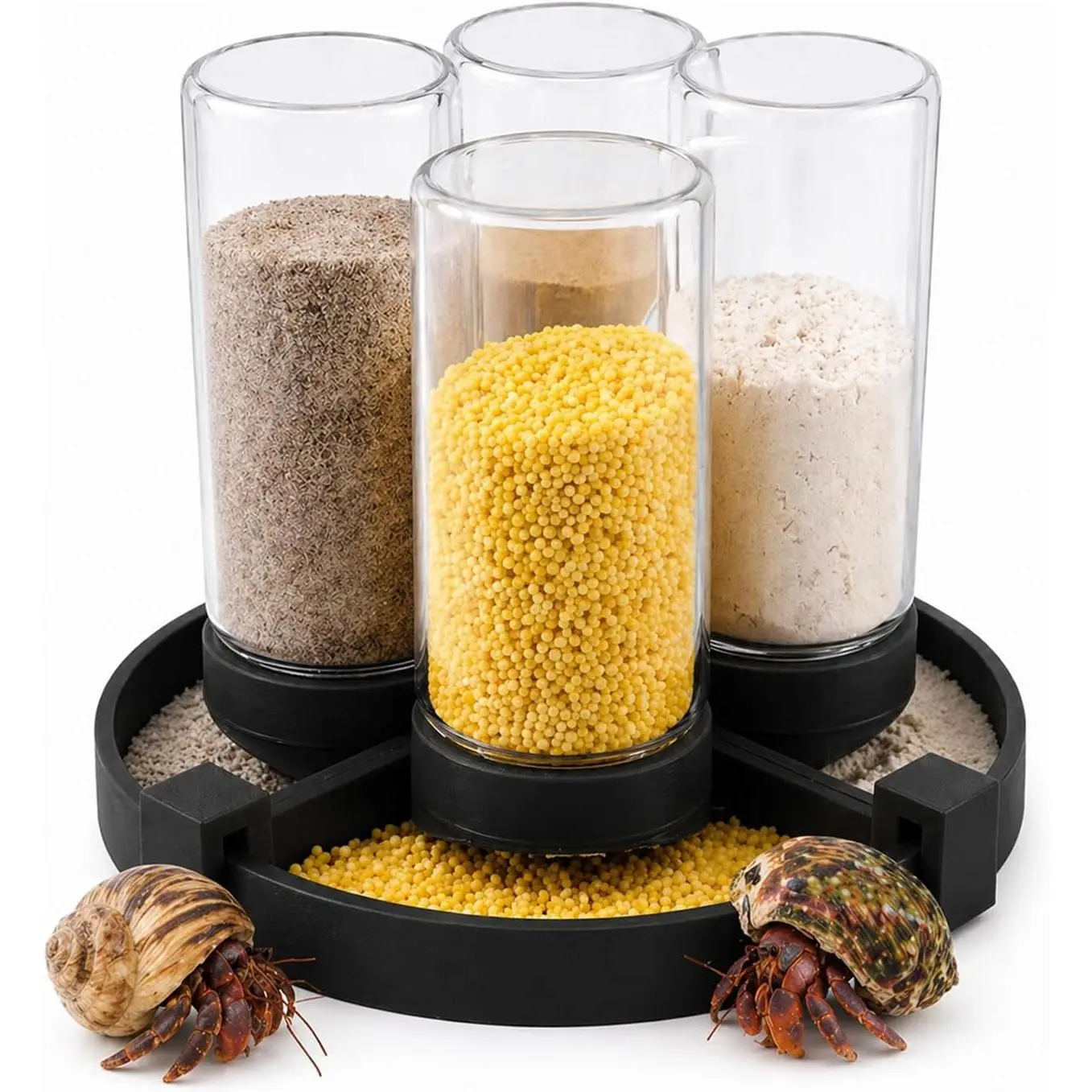 Hermit Crab Feeder with 4 Glass Bottles and Feeding Trays | 4 removable bottles with trays keep crabitat feeding organized. Easy to refill and suitable for hermit crabs and reptiles.
