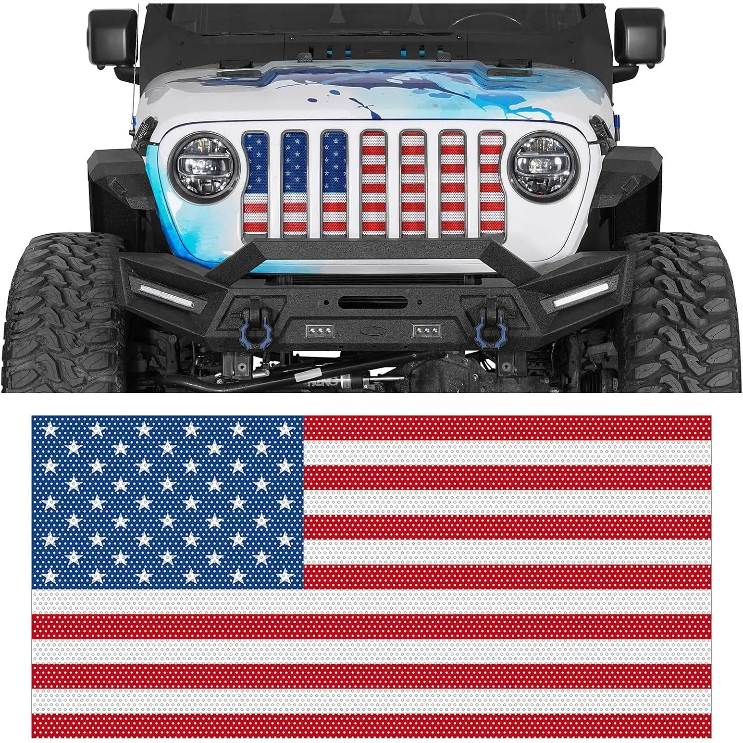 Gladiator Grill Inserts Bug Deflector JL Grille Guard Cover for 2018-2026 Jeep Wrangler JL & Gladiator JT (American Flag, Red & White, Steel)