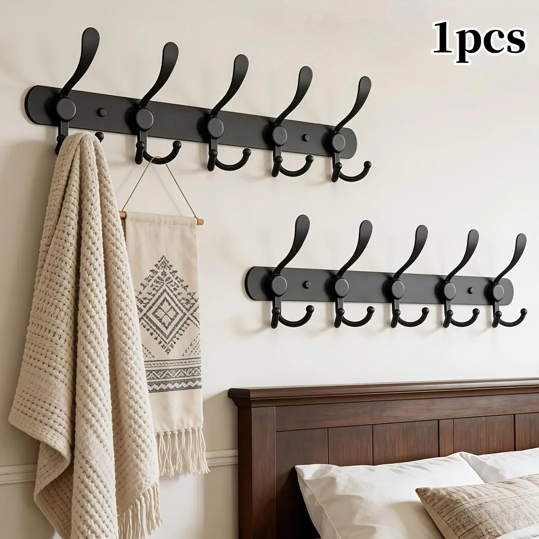 1pcs Wall Mounted Coat Rack - Heavy Duty Stainless Steel Hook Rail with 5 Double Hooks for Towels, Coats, Hats & Keys, Hat Hooks Storage. Decorative Caps, Smooth Finish, Available in Black or White. Ideal for Bathroom, Bedroom & Entryway.