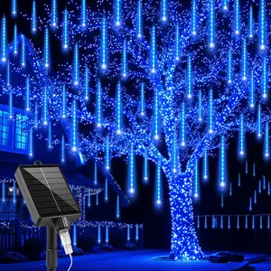 Solar LED Meteor Shower String Lights Outdoor Icicle Fairy Light String 192 LEDs 30cm 8 Tubes Falling Raindrop Light for Christmas Tree Wedding Party Garden Camping Decor Solar Lamp