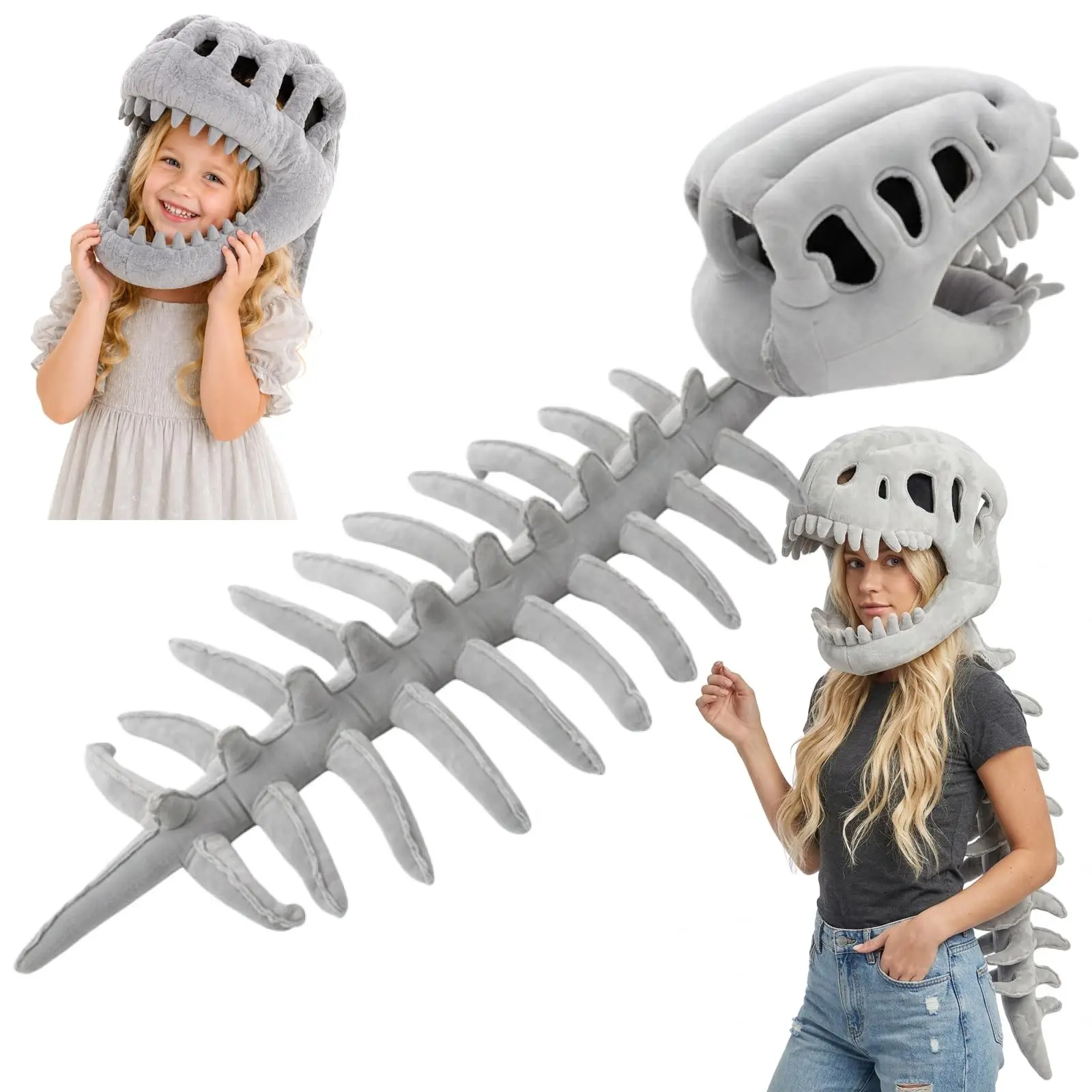 Wearable Spinosaurus Skeleton Plush Halloween Costume with 3D Dinosaur Skeleton Cape and Plush Skull, Interactive Dinosaur Cosplay for Halloween Events