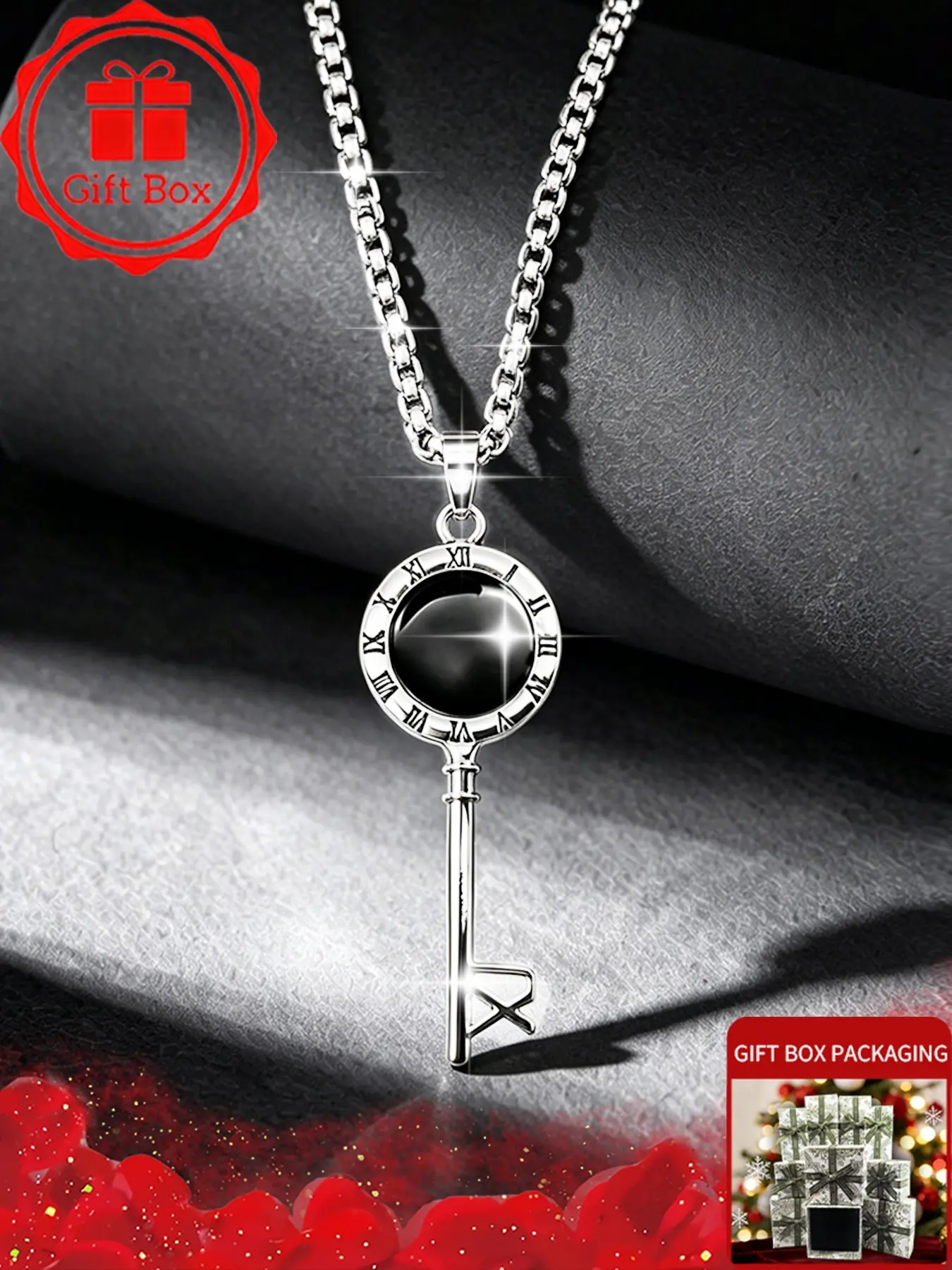 Aesthetic Vintage Key Necklace with Gift Box, Silver Roman Numeral Ring Choker, Gothic Punk Geometric Clock Shape Jewelry for Men Women, Unisex Dark Academia Outfits Accessories, Birthday Christmas Valentine Graduation Gift for Boyfriend Girlfriend