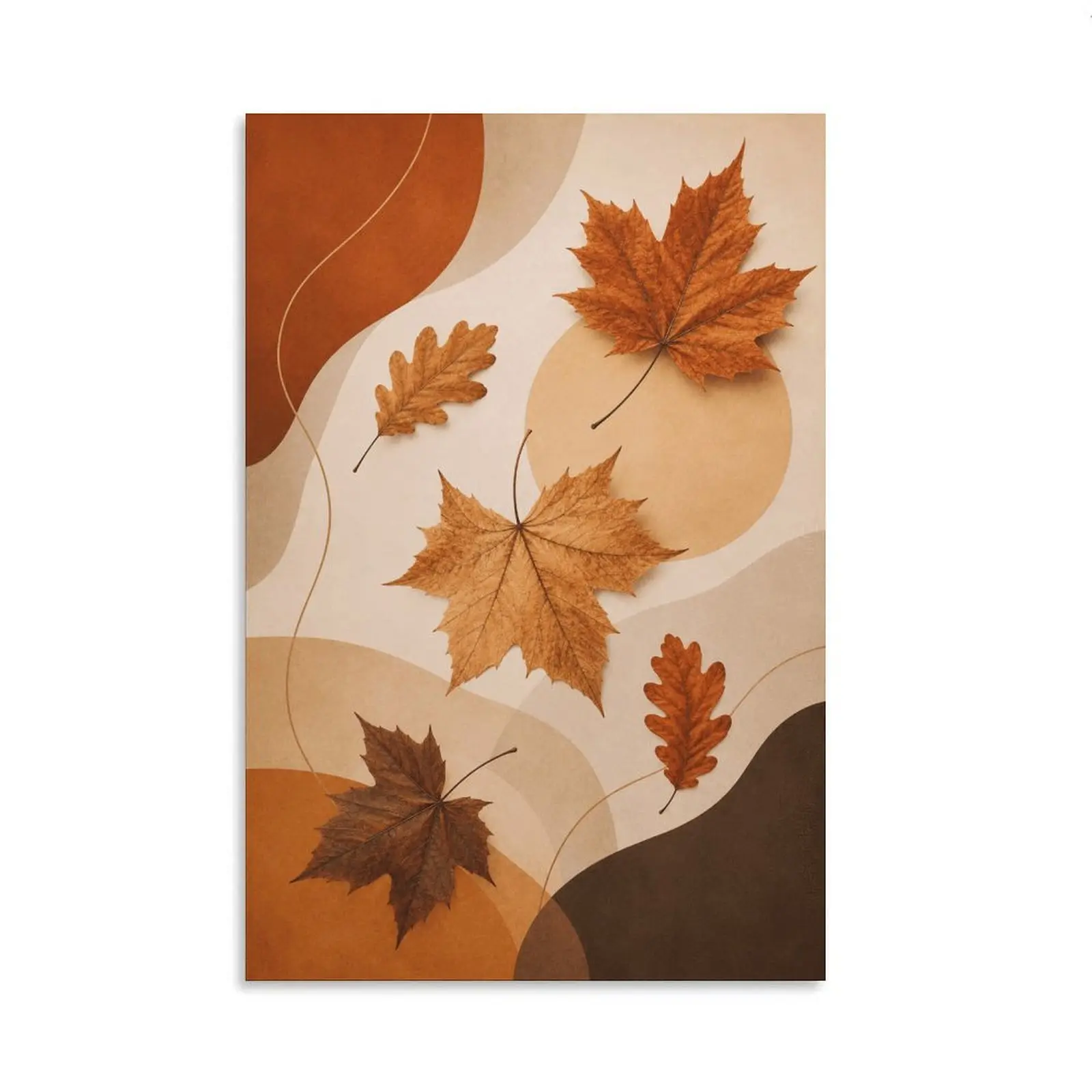 Modern Autumn Leaves Wall Art, Abstract Fall Home Decor, Maple & Oak Leaf Print, Neutral Boho Wooden Frame Art for Bedroom Living Room Office