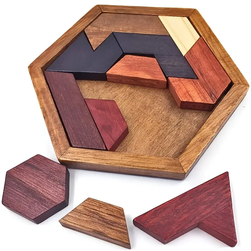 Educational Wooden Hexagonal Tangram, Portable Interactive Family Puzzle Game, Brain Training Toy, Ideal Gift for Holidays