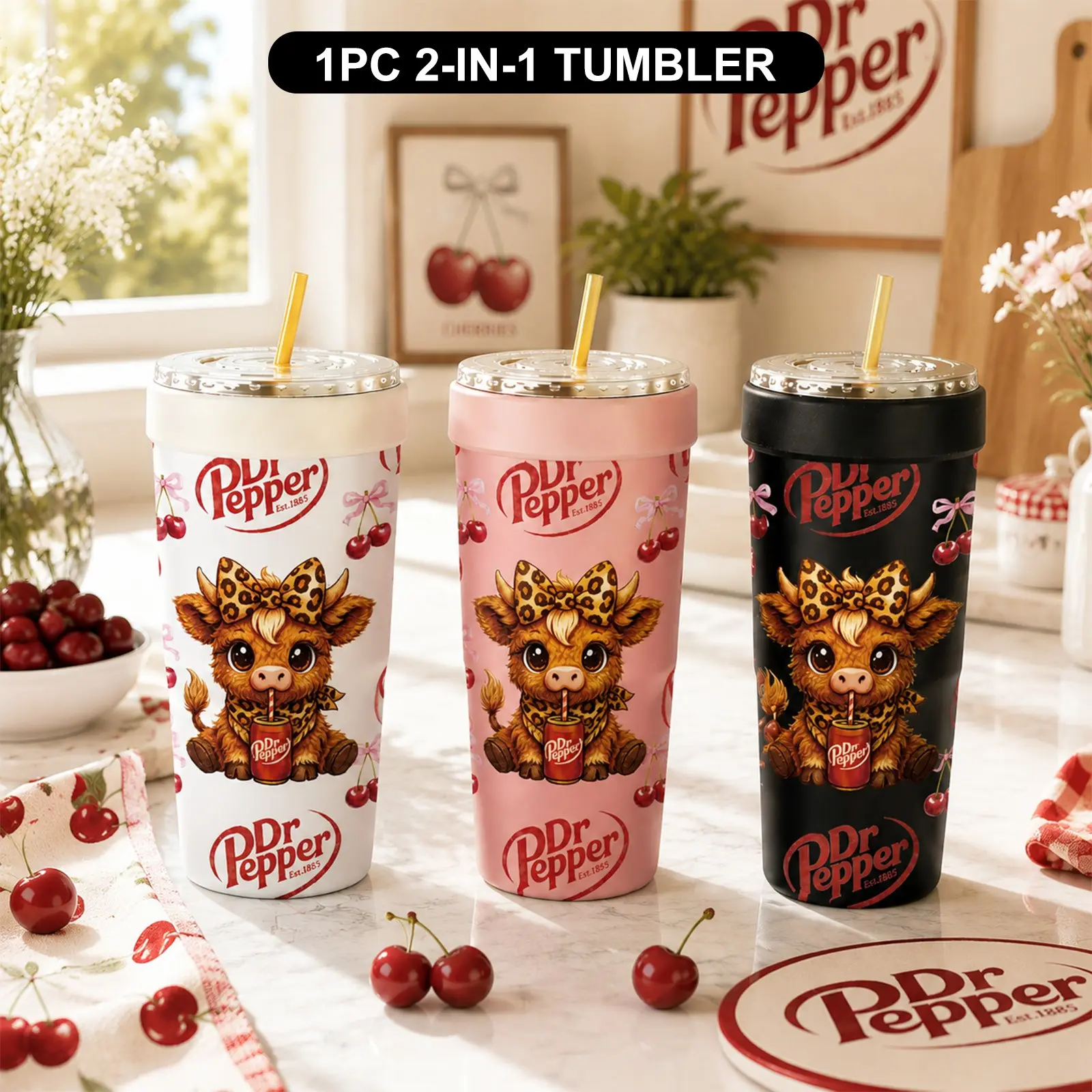 1PC 32oz Cute Highland Cow, Cherry & Soda Print 2-in-1 Insulated Tumbler & Iced Coffee Cup Sleeve, Leak-Proof Double Wall Stainless Steel Travel Mug, Cold 12+H & Hot 6+H, Fits 16–24oz To-Go Cups, Gift for Friends & Family