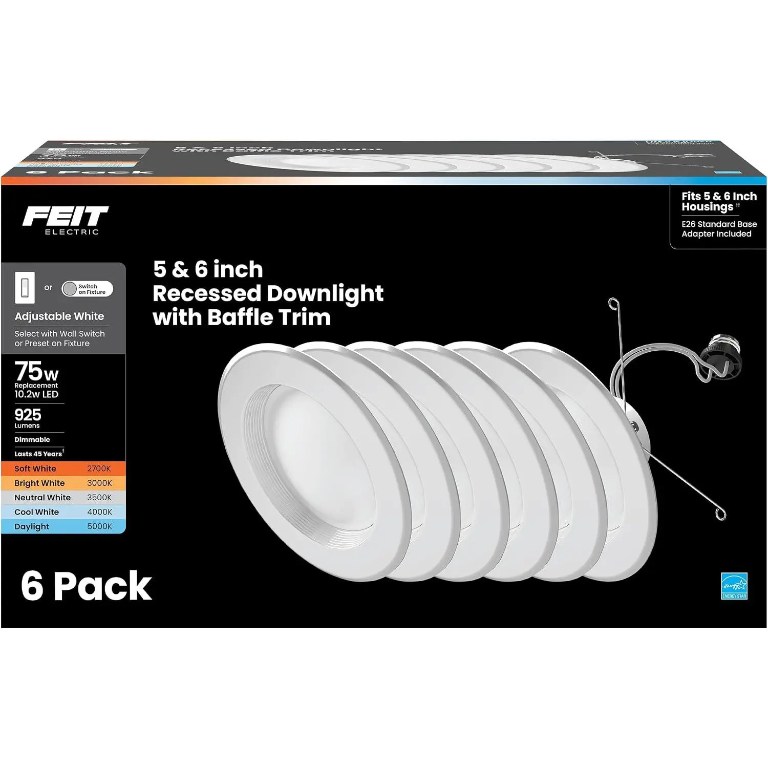 LED Recessed Light Retrofit Kit - 5/6 in Dimmable with Baffle Trim, 75W Equivalent, Adjustable White 2700K–5000K, 90+ CRI, for Living, Bathroom, Dining & Kitchen Room