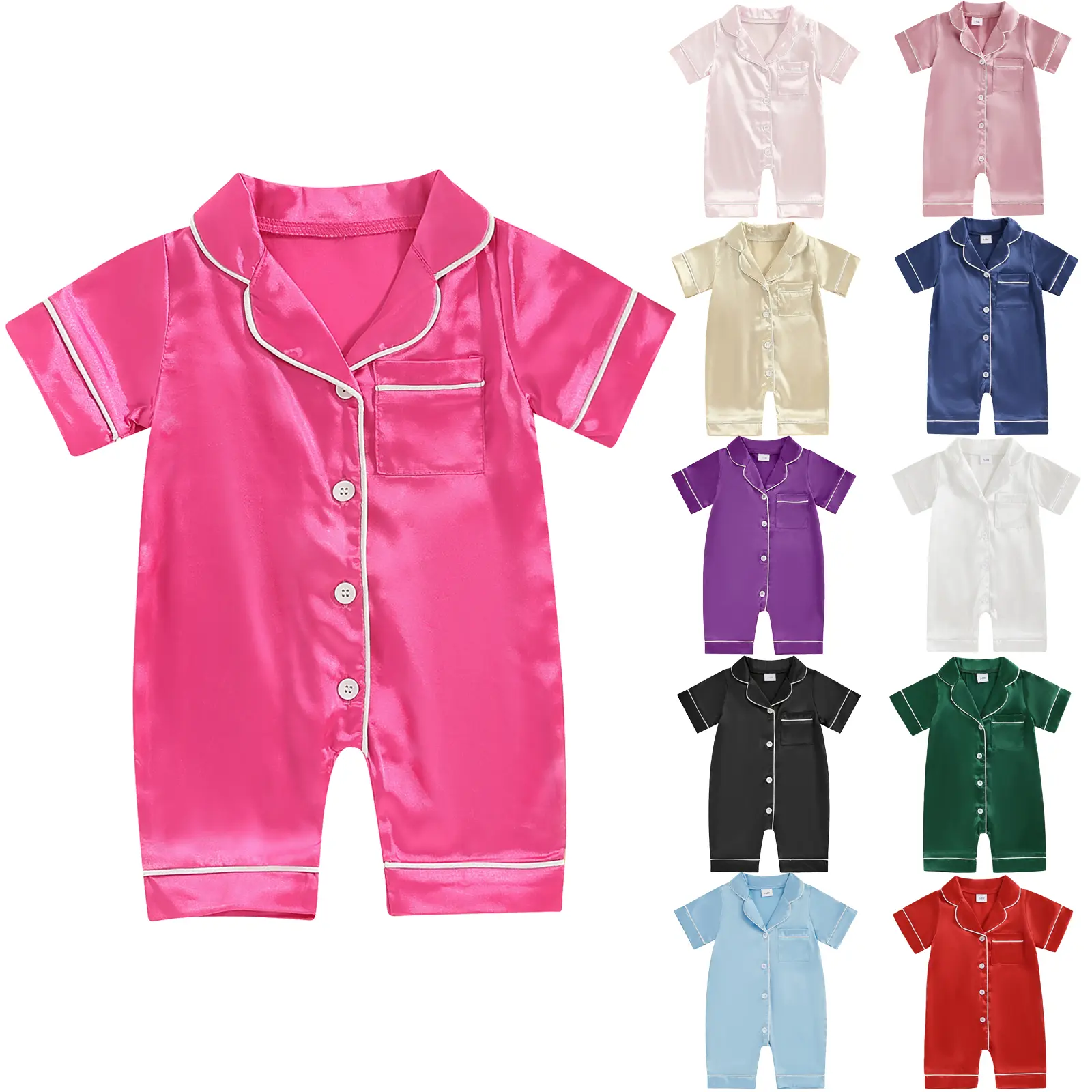 Meihuida Infant Baby Girl Boy Silk Jumpsuit Pajamas Short Sleeve Button-Up Satin Pjs Footie Romper Pajama Nightgown