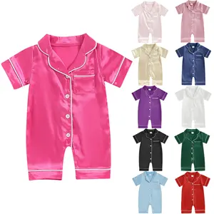 Meihuida Infant Baby Girl Boy Silk Jumpsuit Pajamas Short Sleeve Button-Up Satin Pjs Footie Romper Pajama Nightgown