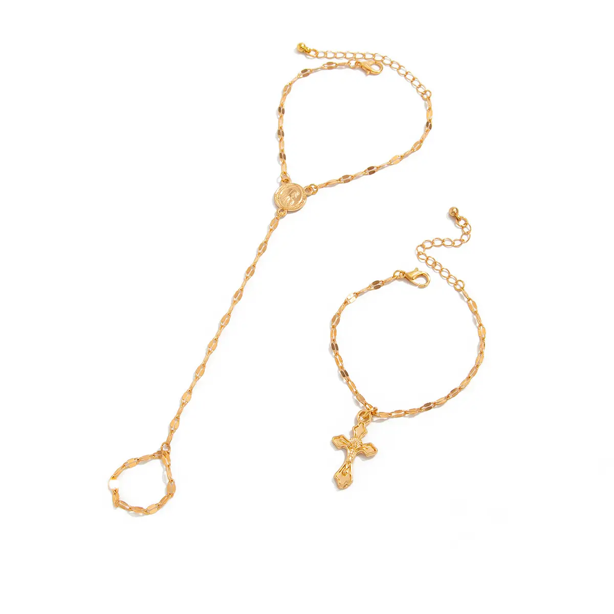 Loveden Women's 14 Karat Gold Plated Jewellery Gift Set, Dainty Cubic Zirconia Cross Finger Hand Chain with Unique Coin Pendant & Lightweight Metal Ring