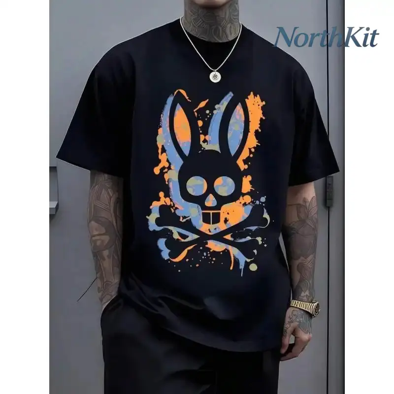 Women's Graphic T-Shirt, Casual Top with Colorful Skull Rabbit Head & Crossed Bones Design, Rock-Inspired Edgy Look for Distinctive Style, Graphic T Shirts, Women's T Shirts