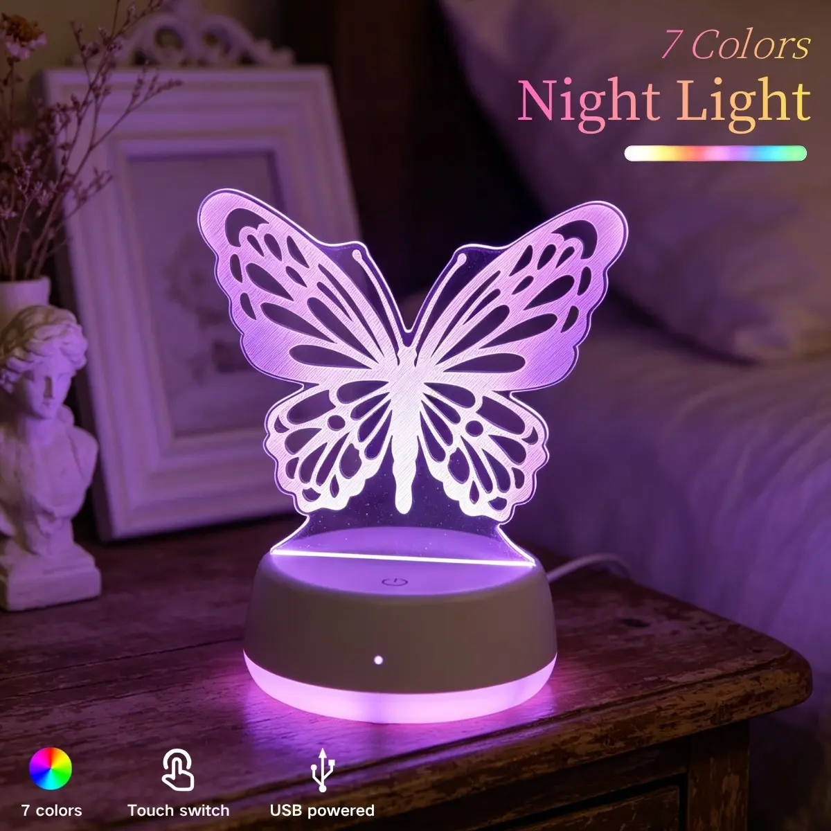 Butterfly Acrylic 3D Night Light, LED Seven Colors Touch Adjustable, USB Powered Soft Glow Ambient Lamp, Ideal Gift for Christmas, Birthday, Anniversary