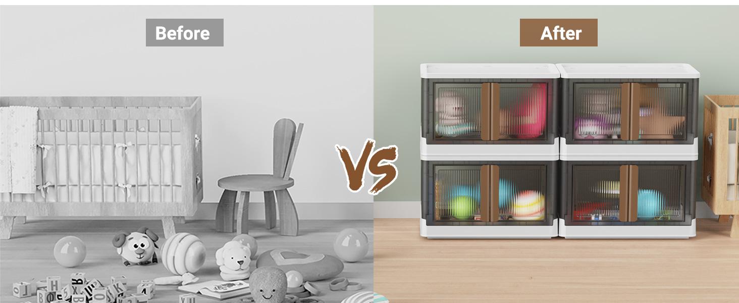 300QT Plastic Storage Bins With Lids, 75Gal Stackable Boxes With Wheels and Doors, Folding Closet Organizers, Cabinet for Closet Home Dorm, 3 Pack Brown