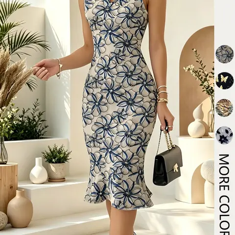Women's V Neck Fitted, Elegant Waist-Cinch Printed Fish Tail Knit Dress, Stretchy Casual Vacation Wear, Slimming Effect, Bodycon Knitted Dress