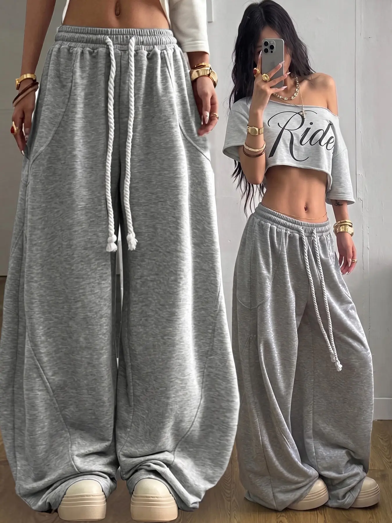 Oversized Baggy Wide Leg Sweatpants Grey Womens Thick Drawstring High Waist Soft Stretchy Y2K Streetwear Loose Fit Comfy Lounge Trousers Vintage Drop Crotch Floor Length Casual Daily Wear Pants #springsaledeals2026 #summeroutfits #streetwear #baggypants