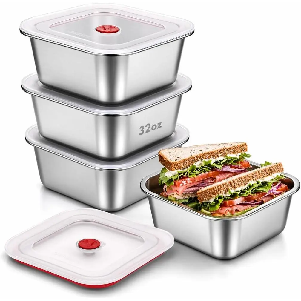 4-Pack Large Stainless Steel Kitchen Sandwich Containers with Airtight Lids, 32oz BPA-Free Reusable Metal Lunch Boxes for Healthy Meal Prep, Dishwasher-Safe Food Storage for Babies’ Snacks & Leftovers