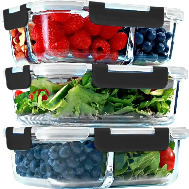 3-Pack Glass Food Containers Square Airtight Lunch Boxes with Leakproof Lids Microwave Safe BPA Free for Fridge Storage Meal Prep & Leftovers