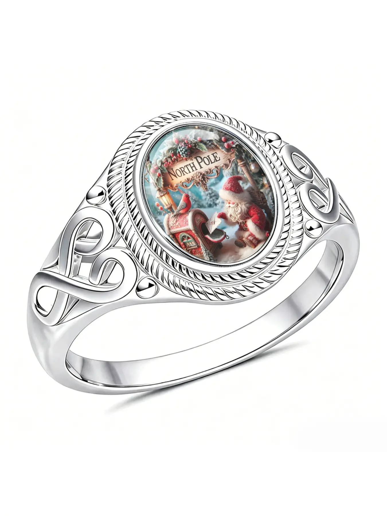 Fashion Hollow Out Oval Cut Santa Claus Print Women's Ring, Christmas Halloween Jewelry, Stylish Accessory for Festive Occasions, Perfect Gift Idea