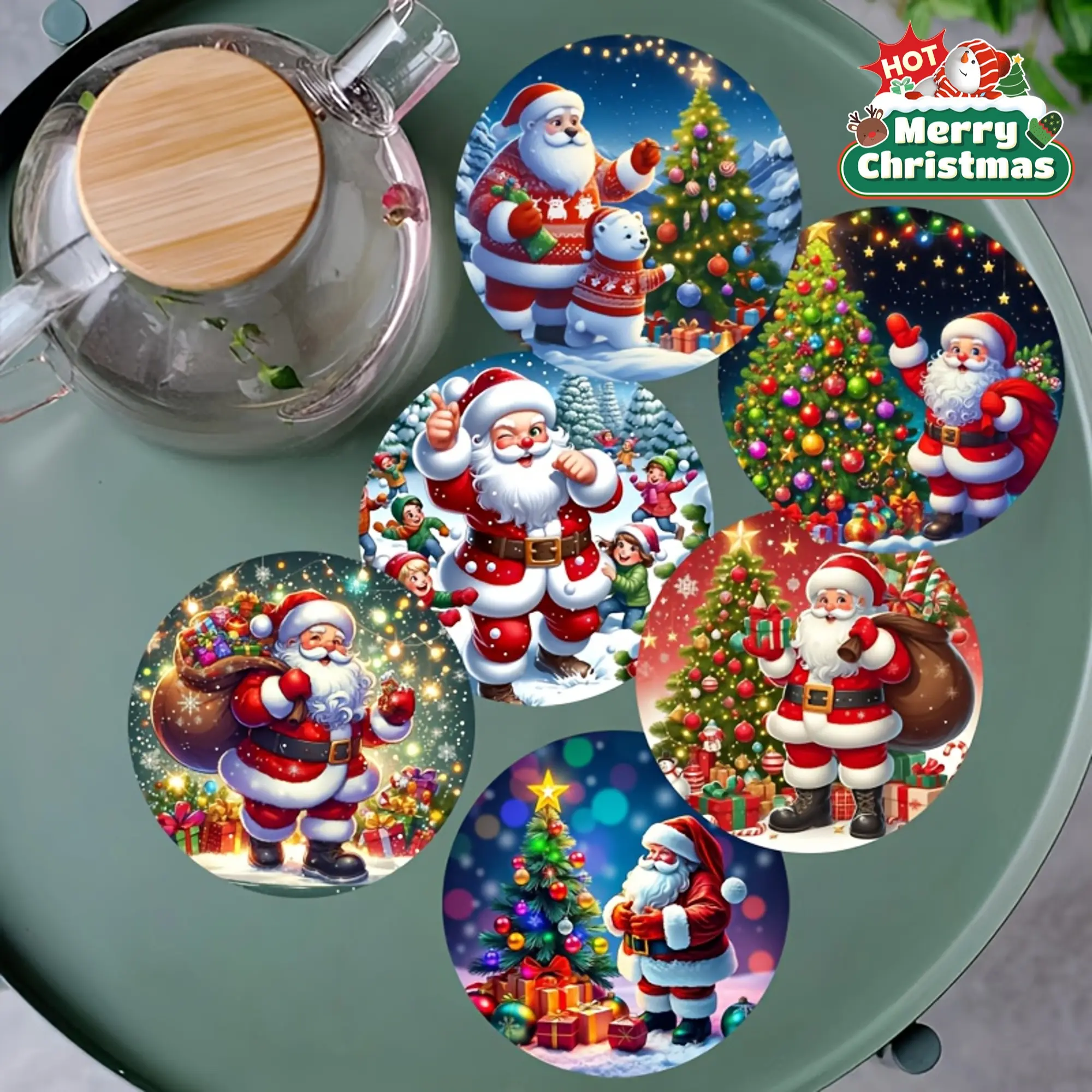A 6-piece Christmas-themed coaster with a Santa Claus pattern to add a festive atmosphere to table decorations