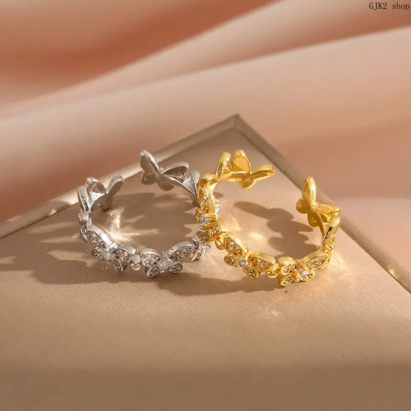 Multi Color Multi Butterfly Rhinestone Adjustable Open Band Ring, Stackable Crystal Butterfly Open Ring For Women