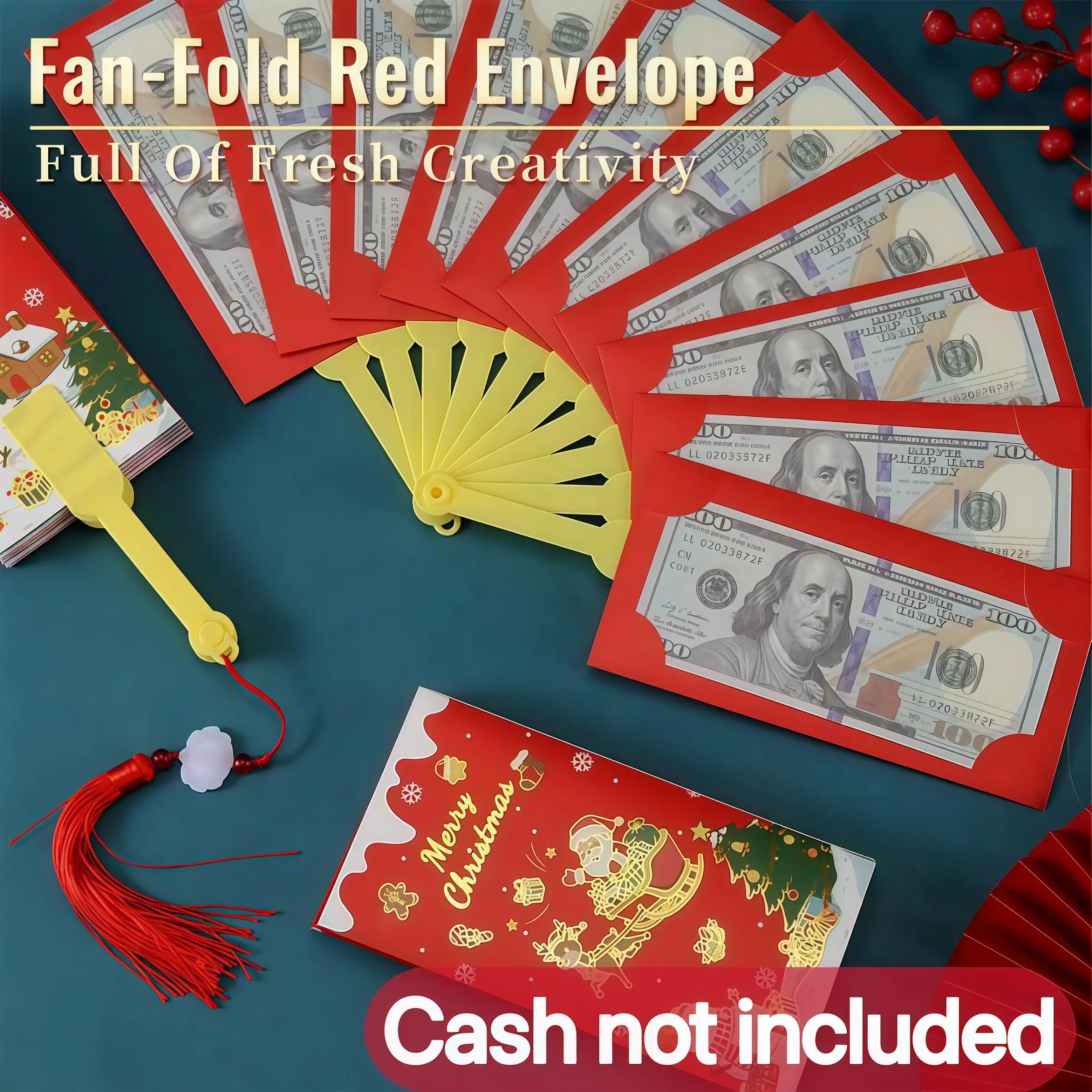 2026 New Foldable Fan-Shaped Christmas Envelope, Ten Card Slots with Jade Pendant, Holiday Gift Box, Cash Reveal Experience