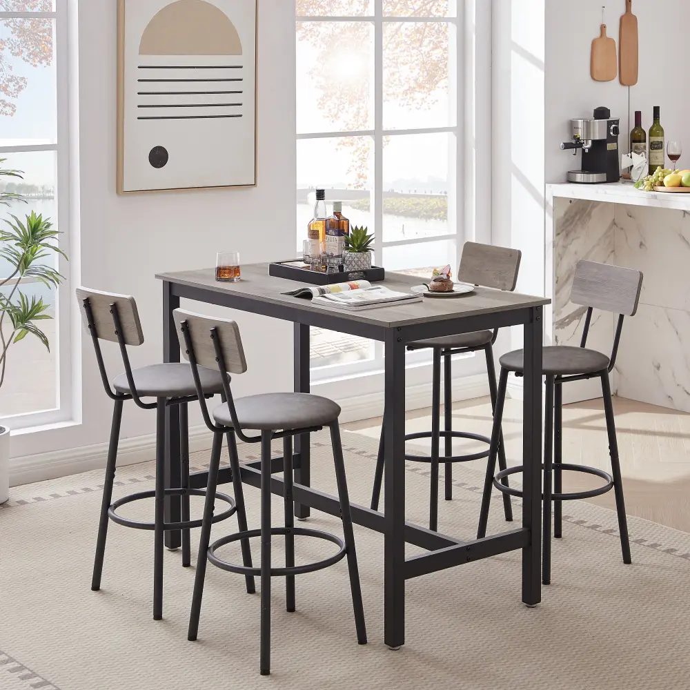 Bar Table Set with 4 Bar Stools, Modern Counter Height Dining Set with PU Leather Upholstered Soft Seats & Backrests, Kitchen Island Table Set for Home Bar, Dining Room, Apartment, Space Saving Furniture, Gray, 47.24"L x 23.62"W x 35.43"H