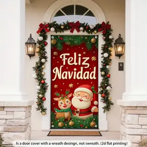 Christmas Background Cloth, Santa and Reindeer Decoration, Easy to Hang Door Decor, Durable Polyester, Home Party Entrance