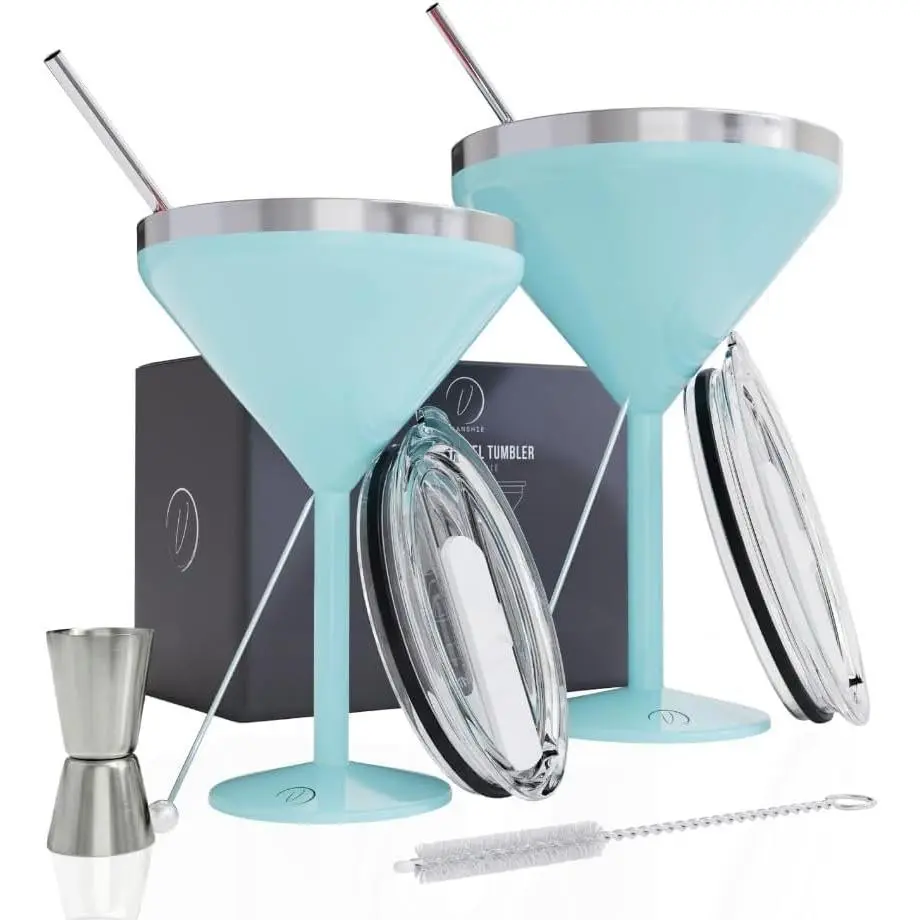 Insulated Martini Glass Set of 2 – 8 oz Stainless Steel Unbreakable  Glasses, Stemless Double Wall Cups with , Straws & Picks - Housewarming  for , Hostess - BLUE